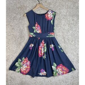 Boden Selina Dress Women's 4P Blue Floral Pleated Back Button Sleeveless